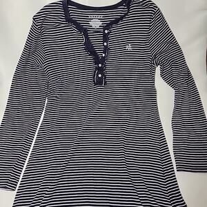 Lauren Ralph Lauren Sleep Nightgown M Blue and White Striped V Neck Long Sleeve